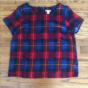 Forever 21 Red Blue Golden Yellow Plaid Zip Back Blouse Women’s Size L